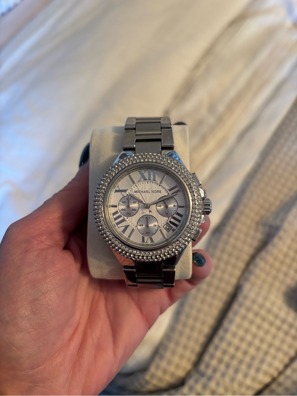 Michael Kors Silver Tone Crystal Bezel Chronograph Watch